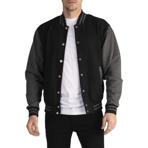 Custom Black Hooded Varsity <b>Jacket</b> Patchwork Cartoon Design Zipper Closure Grey Sleeves College Style Bomber Coat Ribbed Trim - Product Image 5