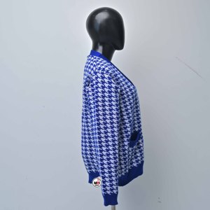 Cárdigan de punto casual de manga larga con cuello en V y estampado de pata de gallo azul y blanco para mujer, de alta calidad, al por mayor, con bolsillos, para otoño. - Product Image 5