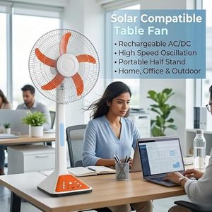 Solar Powered Desk Fan With Touch <b>Control</b> 34 In Orange Blades White Base Free <b>Standing</b> Design - Product Image 4