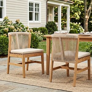 Chaise de jardin moderne en teck avec coussin tressé en corde, chaise d'appoint pour terrasse et bord de piscine - Product Image 2
