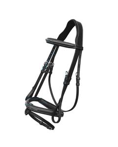 Bridon équestre TAK en cuir noir avec sangle de nez à boucle et surpiqûres blanches, modèle Vt-1194 - Product Image 1