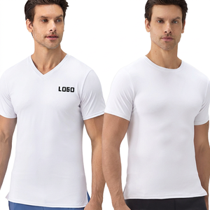 T-shirt pour homme à col en V, manches courtes, coupe ajustée, couleur unie, tissu en jersey de coton respirant, impression de logo sur le devant, style décontracté - Product Image 6