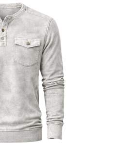 Custom <b>Mens</b> Acid Wash <b>Henley</b> Long Sleeve Sweatshirt Light Grey Casual Button Neck Pocket Style Winter Wear Cotton Slim Fit <b>Top</b> - Product Image 3