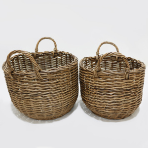 Handmade Rustic Eco Friendly Poly Rattan Wicker <b>Foldable</b> Round Storage <b>Basket</b> Laundry Bin Set Nesting with Handles - Product Image 3
