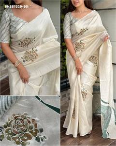 Beautiful Tussar Linen with Hand-Position Katha work, Position-Print & Hand-Mirror work <b>Saree</b>-Digital Print <b>Blouse</b> Woman Fashion - Product Image 6