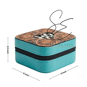 <b>Mini</b> Jewelry <b>Storage</b> <b>Box</b> with Turquoise Hair On Hide Heart Tooled Leather Portable Zipper <b>Box</b> Jewelry Organizer Case with Mirror - Product Image 3