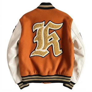 DROGEN EXPORT Custom for Brown Wool Body <b>White</b> Sleeves <b>Men's</b> Casual Vintage Streetwear Varsity <b>Jacket</b> Embroidery Patches - Product Image 5