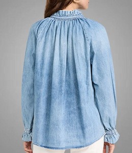 Blusa de Mezclilla Azul para Mujer, Manga Larga Abullonada, Cuello en V, Botones, Corte Holgado, Informal, Color Sólido, Detalle de Volantes, Manga Larga - Product Image 5