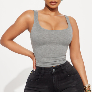 Wholesale Custom Women Gray Square Neck Knitted <b>Waffle</b> Tank Top Casual Sleeveless Top Solid Color Spandex Cotton Blend Tank Tops - Product Image 1