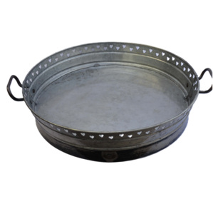 Plateau à fleurs en fer en métal gris rond de luxe pour exportateur indien avec poignée Style bohème créé à la main pour la décoration des revendeurs - Product Image 2