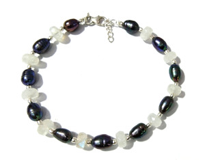 Natural Black Freshwater Pearl & Moonstone Bracelet Handmade 925 Sterling <b>Silver</b> Beaded Bracelet, Elegant Gift for Her - Product Image 3