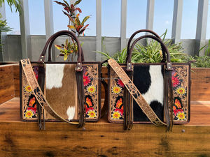 Sac fourre-tout en cuir repoussé fait à la main pour femmes Wester cheveux sur peau de vache sac à main floral grande capacité dissimulé transporter sacs à bandoulière - Product Image 4