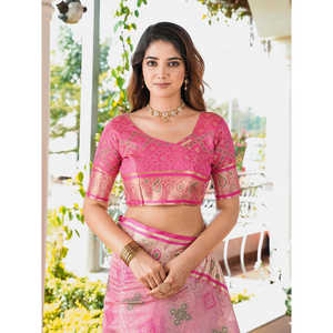 Sari Patola en organza rose Elite Weaves avec détails tissés Zari, robe de soirée élégante, 600g en stock - Product Image 1