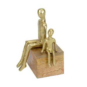 Gold Plated Figurine Sculpture Minimalist Art Couple Sitting On Wooden Base Tabletop Ornament 20.5 Cm Height Living Room Decor - Product Image 2