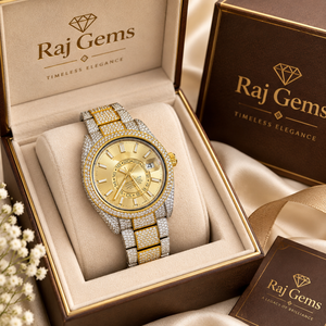 นาฬิกาข้อมือผู้ชายสแตนเลสสตีลหรูหรา Raj Gems ขนาด 41 มม. หน้าปัดทรงกลม แสดงวันที่แบบอนาล็อก ควอตซ์ ขอบหน้าปัดประดับเพชร สายขนาด 20 มม. กระจกคริสตัล - Product Image 1
