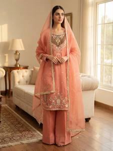 Ensemble en satin de soie tissé, dentelle fantaisie à motifs de pièces de monnaie, broderie lourde, réversible, extensible, infroissable, séchage rapide, style indien pakistanais - Product Image 4