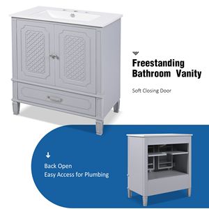 Lavandino da bagno in stile Vintage da 30 pollici con lavello multifunzionale e porta a chiusura morbida in grigio - Product Image 5