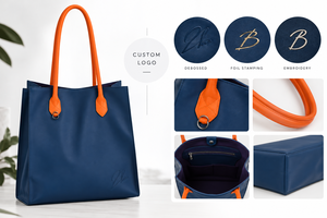 Sac fourre-tout en cuir bleu avec longues poignées orange, fermeture éclair, design personnalisé avec logo et lettres - Sac de shopping réutilisable et tendance pour un usage quotidien - Product Image 3