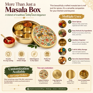 Elegant Dear Printed Design Brass Masala Dabba Spice <b>Box</b> <b>with</b> Floral Engraved <b>Lid</b> Handmade Kitchen Storage Container - Product Image 4