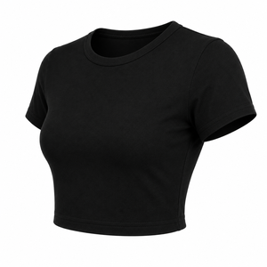 เสื้อครอปท็อปผู้หญิงสีดำ แขนสั้น คอกลม ทรงเข้ารูป สไตล์ลำลอง ผ้าเจอร์ซีย์ถัก ทอสีพื้น สีเดียว เป็นมิตรกับสิ่งแวดล้อม พร้อมโลโก้ 100% - Product Image 3