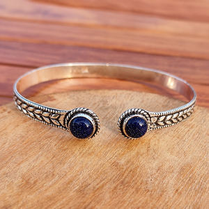 Artisan Blue Sandstone Open Bangle Gold & <b>Silver</b> Plated Unisex Bohemian Jewelry Bulk Supply - Product Image 2