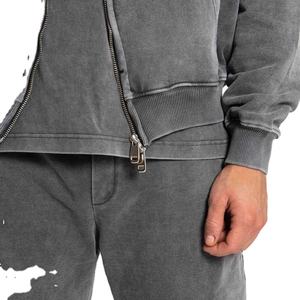 Boxy Distressed Faded Acid Wash <b>Zip</b> <b>Hoodie</b> Custom Heavyweight Men's French Terry Cotton Puff Printing Streetwear for Winter - Product Image 4