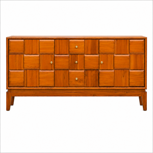 Buffet Lego - Meuble de rangement moderne en bois de teck, style mi-siècle, avec motif de blocs unique - Product Image 1