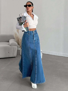 Falda midi larga de mezclilla para mujer, para las temporadas de primavera y otoño. Adecuado para diversas ocasiones como el uso diario, desplazamientos y gira de negocios. - Product Image 5