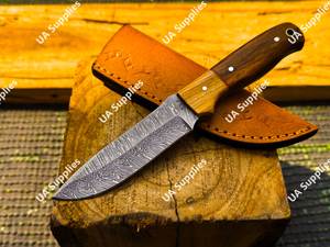 Couteau de camping Skinner à pointe tombante en acier Damas forgé à la main, ultra-affûté, avec fourreau en cuir et manche en bois de rose, pour l'autodéfense, OEM/ODM - Product Image 2
