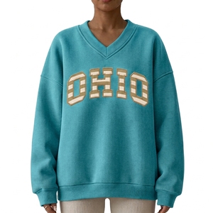 Premium <b>Women's</b> V Neck Sweatshirt Loose Silhouette Everyday Pullover <b>Top</b> Statement College Lettering Chest Detail - Product Image 2