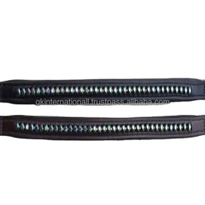 Made in India Handmade Empty Channel Leather Horse Brow Band Durable Edge <b>Stitching</b> & Padding With1row of Green <b>Crystals</b> Bling - Product Image 1