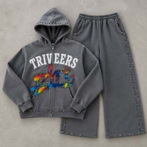 Triveers Rainbow Crystal Premium Grey Zip Hoodie & Wide Leg Sweatpants Tracksuit Set – Luxury Streetwear 2026 - Product Image 1