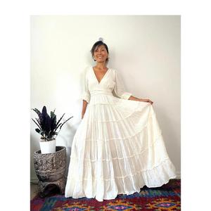 Vintage White Eco-Friendly Maxi Dress Women <b>Boho</b> V-neck Shoulder Spaghetti Strap Embroidery Hollow Natural Waist Organic Cotton - Product Image 6