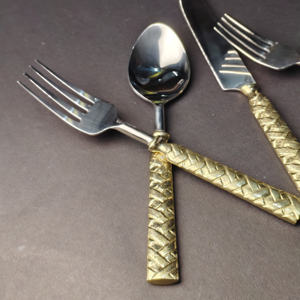 Elegant Basket Weave Pattern Gold Handle Cutlery <b>Set</b> Premium Stainless Steel <b>Knife</b>, <b>Fork</b>, <b>and</b> Spoon <b>Set</b> for High End Hotel - Product Image 6