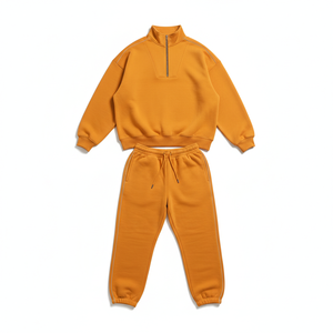 Unisex Cotton Tracksuit Orange Quarter Zip <b>Pullover</b> OEM Wholesale Manufacturer Customized Printing Activewear Tracksuit - Product Image 2