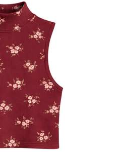 Débardeur court côtelé rouge personnalisé à col montant sans manches avec petit imprimé floral pour femme, coupe ajustée extensible, décontracté, tendance été - Product Image 3