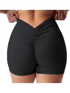 Shorts de Yoga Negros de Cintura Alta con Diseño de Glúteos Fruncidos, Sin Costuras, de Spandex y Nailon, Elásticos, Cortos, para Fitness - Product Image 4