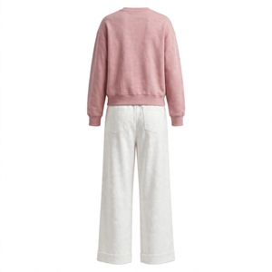 Ensemble décontracté 2 pièces pour femme : Sweat-shirt rose à col en V et pantalon blanc à jambes larges avec applique feuille, taille élastique, coupe ample - Product Image 2