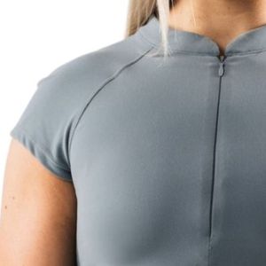 Gray Women's Short Sleeve <b>Zip</b> <b>Up</b> Performance <b>Crop</b> Top Quick Dry Athletic Shirt for Workout Gym Yoga Fitness Activewear - Product Image 3