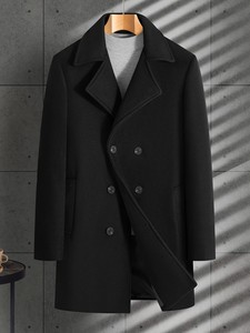 Manteau en Laine Homme Simple Boutonnage à Revers Crantés Long et Épais Coupe Droite Noir Réversible Anti-Plis Écologique - Product Image 3