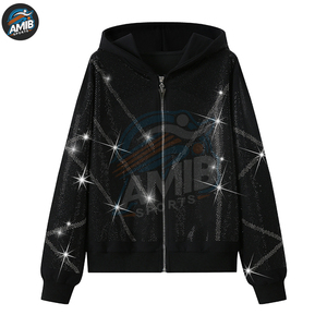 Custom Men's Full Zip Rhinestone Tracksuits Breathable Lightweight Polyester/Cotton Winter Hooded <b>Top</b> Sparkle <b>Crystal</b> Logo - Product Image 2