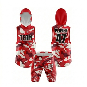 Ensemble de maillot de basket-ball camouflage violet personnalisé, à capuche, sans manches, respirant, coupe athlétique, pour hommes, équipe 47, impression sublimée - Product Image 2