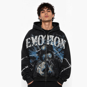 Sudadera con capucha y cremallera con estampado de máscara de gas Evolution para hombre, estilo oversize, streetwear, negra, de punto, para otoño - Product Image 4