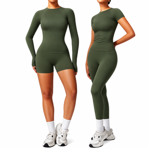 Conjunto de Yoga Verde Oliva para Mujer, Transpirable, Elástico en Cuatro Direcciones, Nailon y Spandex, Top de Alta Elasticidad, Shorts, Leggings, Ropa Deportiva para Gimnasio y Fitness - Product Image 1