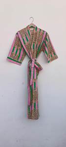 ชุดคลุมกิโมโนผ้าฝ้ายพิมพ์ลายบล็อก สวมใส่สบาย ระบายอากาศได้ดี เหมาะสำหรับเพื่อนเจ้าสาว ไซส์เดียว ชุดนอนฤดูร้อนสำหรับผู้หญิง - Product Image 4