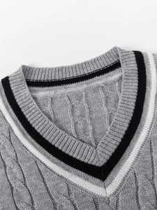 Gilet pull sans manches pour homme, style preppy, col en V, tricot torsadé, bordure à rayures contrastantes, décontracté, pour affaires, universitaire, cricket - Product Image 3