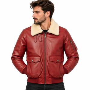 Blouson Bomber Homme en Cuir Véritable Rouge Respirant Écologique Coupe-Vent Hiver Moto Col Fourrure Fermeture Éclair Avant - Product Image 1