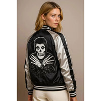Blouson Bomber Noir Argenté pour Homme, Imprimé Crâne, Style Punk, Fermeture Éclair Avant, Col Rabattu, Coupe Droite, Manteau Varsity en Polyester