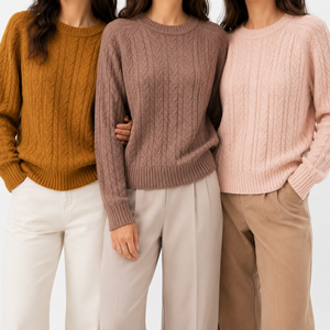 Suéter de Punto Trenzado para Mujer, Cuello Redondo, Manga Larga, Color Mostaza, para Uso Diario |   Proveedor OEM ODM - Product Image 3