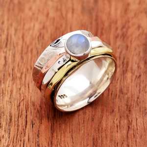 Natural Rainbow Moonstone Pave Setting 925 Sterling <b>Silver</b> Handmade Multi-Band <b>Stacking</b> <b>Ring</b> for Men - Product Image 4